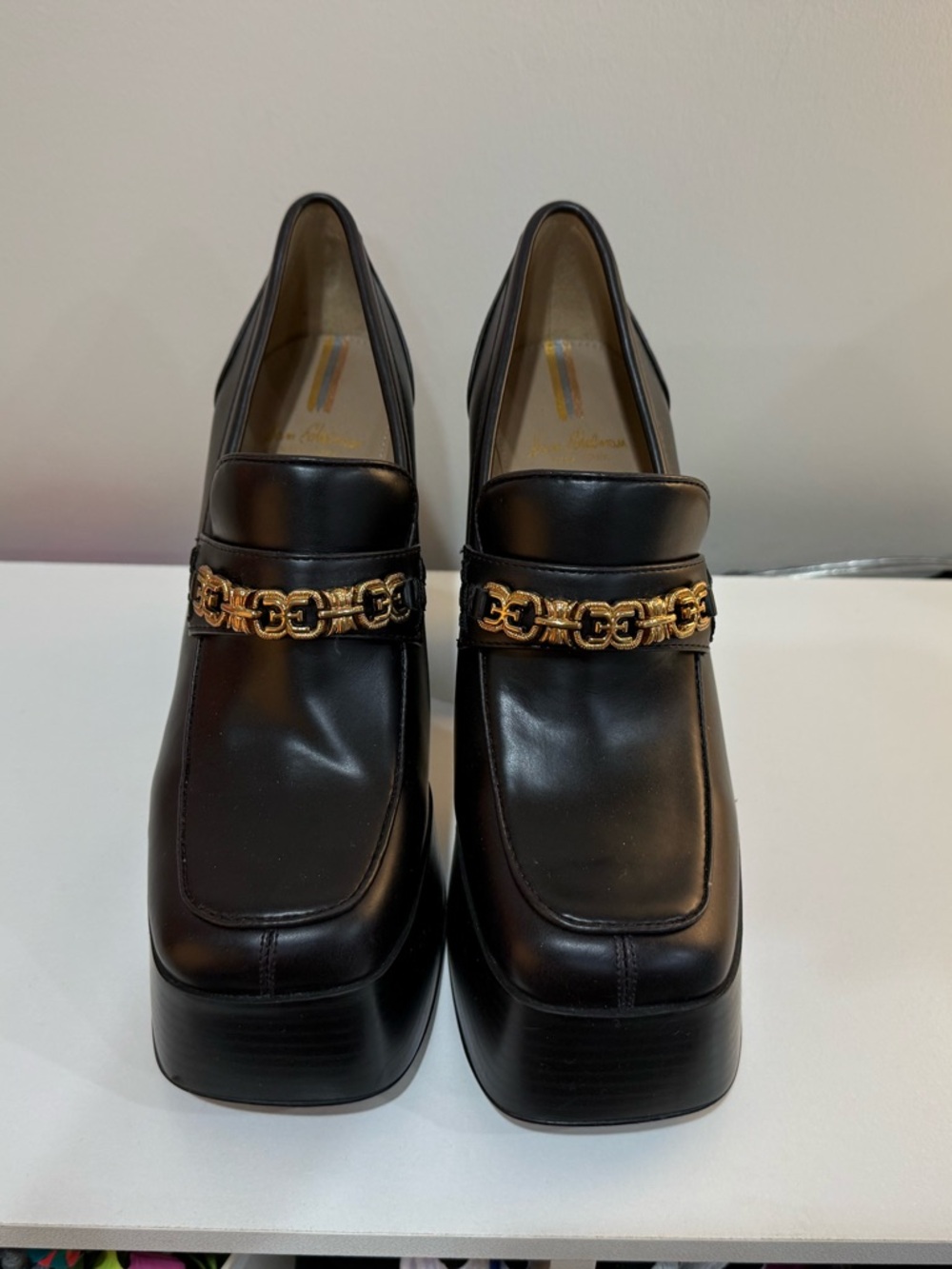 Sam Edelman Black Leather Platform Loafer with Gold Chain Accent - Picture 8 of 10